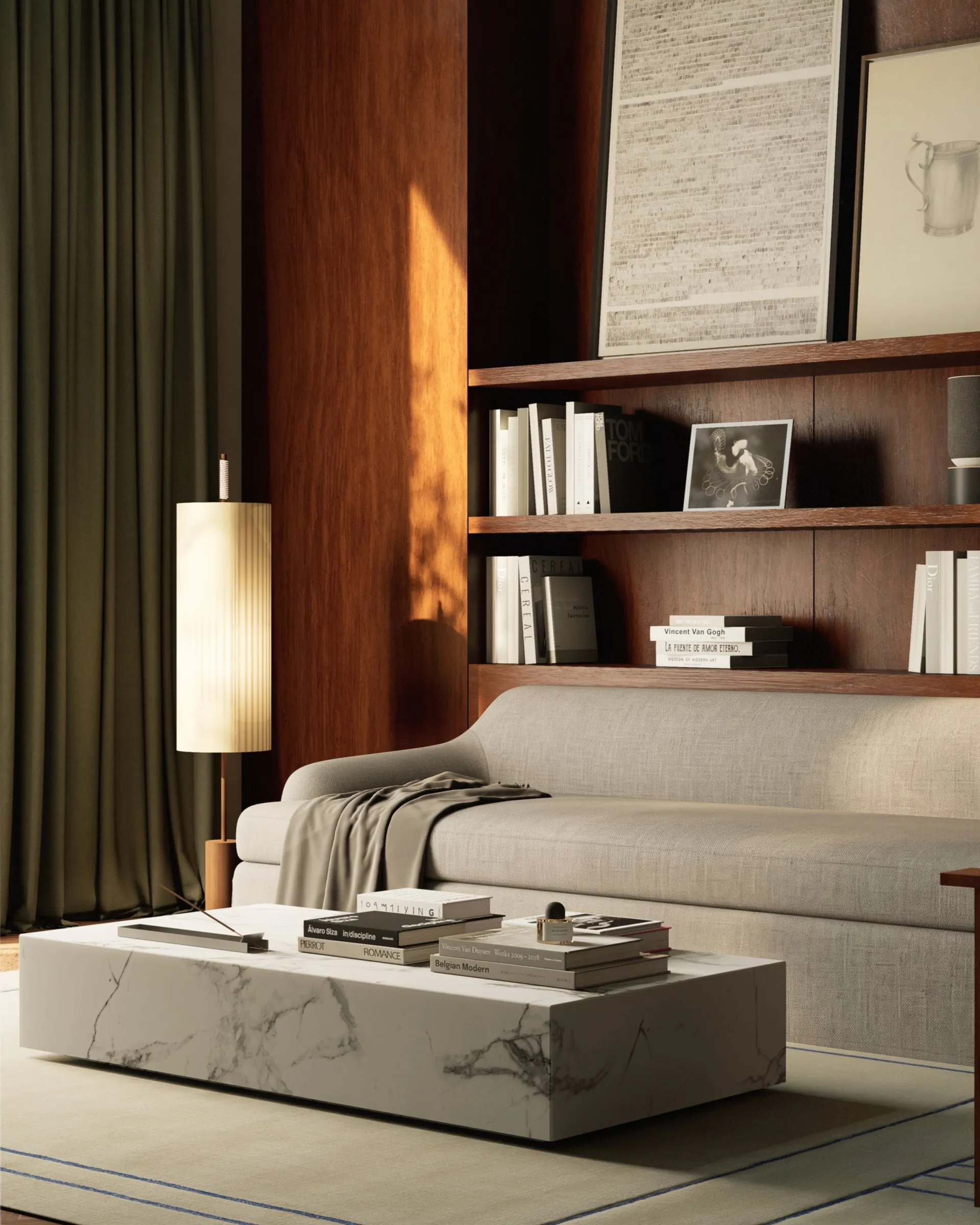 Wood-panelled living room with sofa and marble coffee table