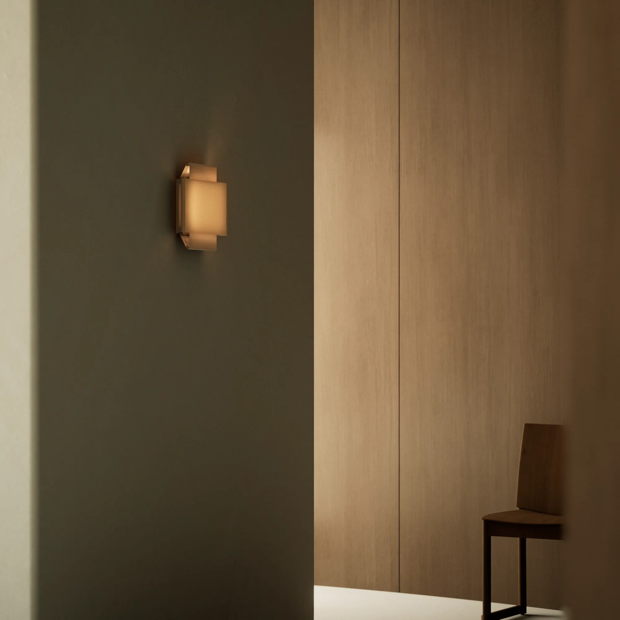 Aura wall light glowing on a dark green wall beside a wood-panelled corridor